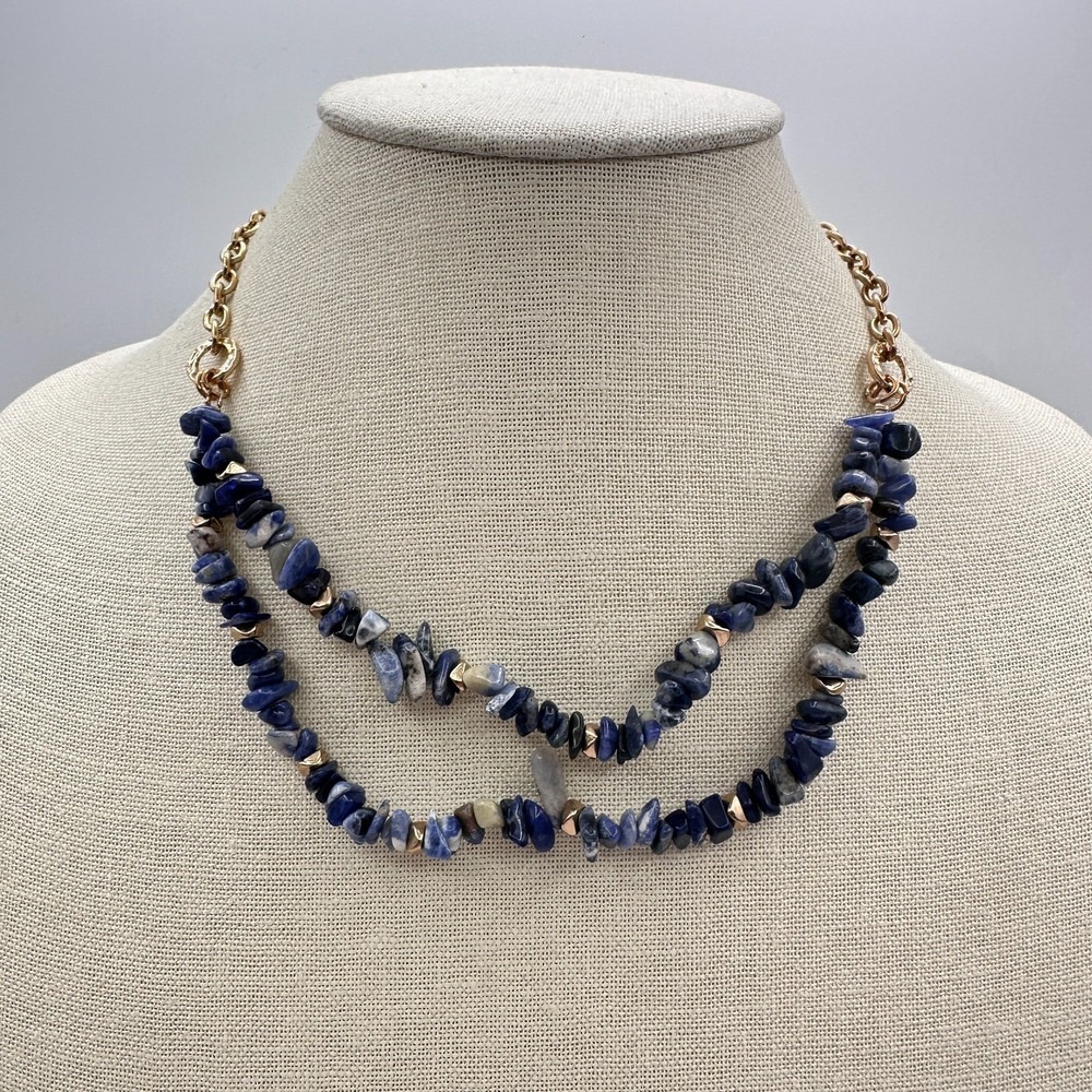 Vintage Y2K Gold Tone Double Strand Blue Sodalite Chip Chunky Necklace Jewelry